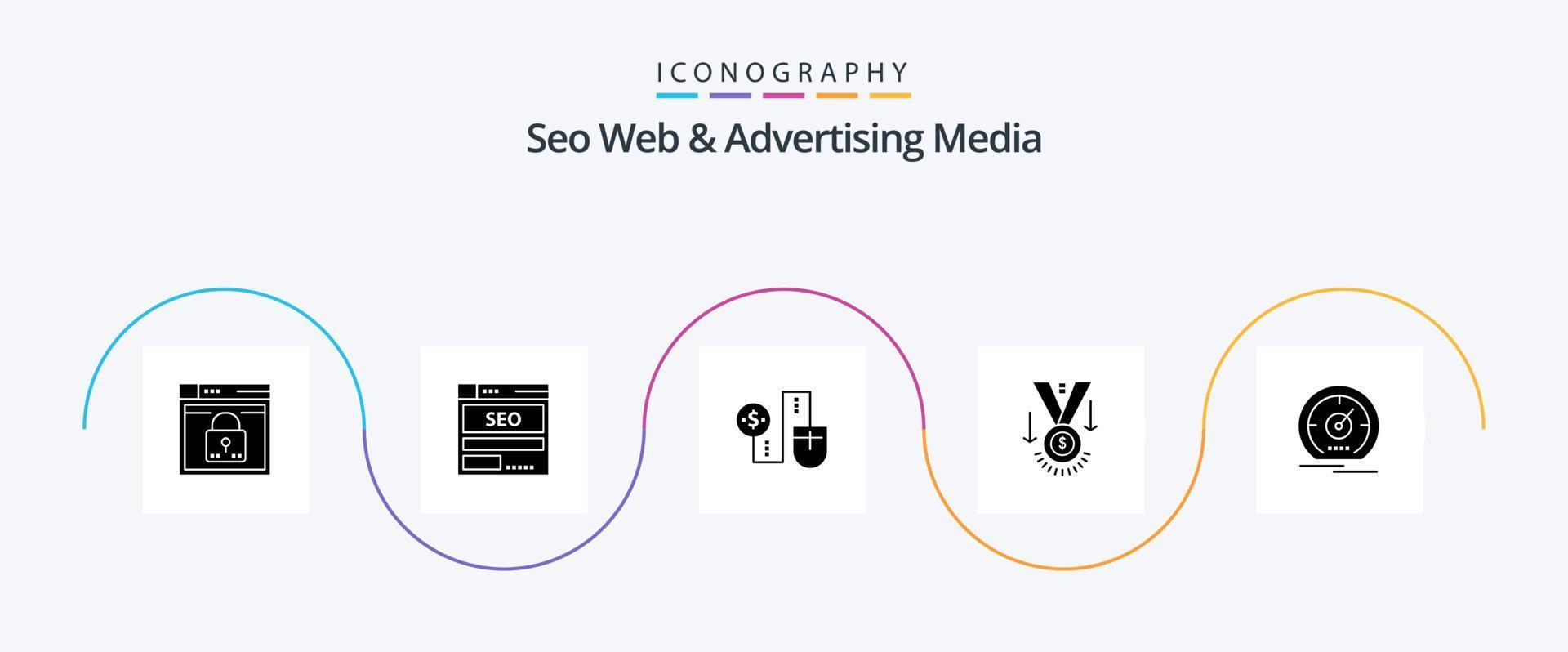 pacote de ícones seo web e glyph 5 de mídia publicitária, incluindo prêmio. dollor. dados. dinheiro. rato vetor