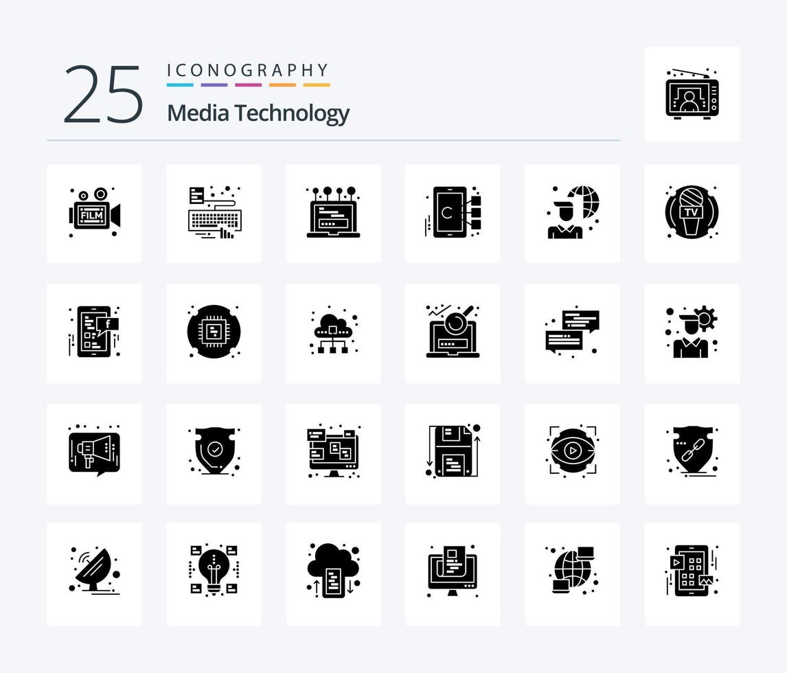tecnologia de mídia 25 pacote de ícones de glifos sólidos, incluindo internet. móvel. anexar. foco. computador vetor