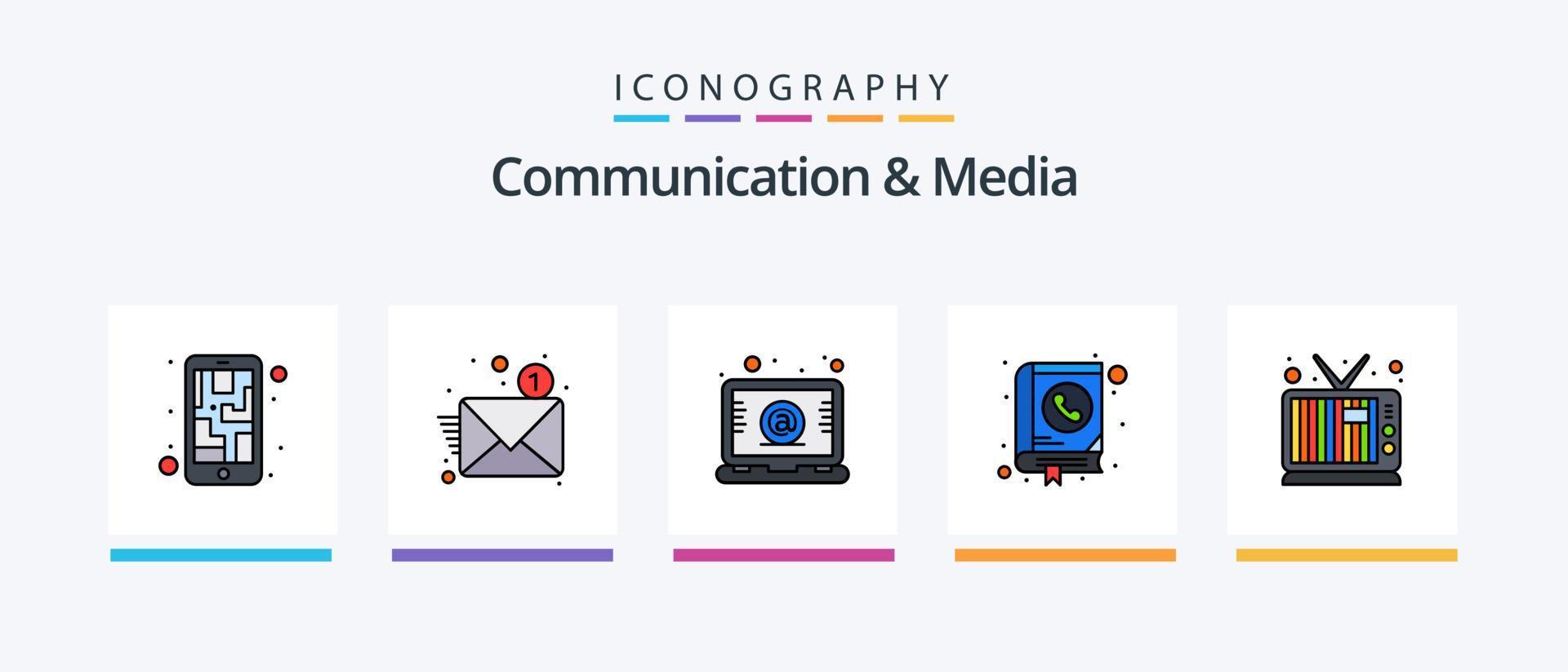 linha de comunicação e mídia cheia de 5 ícones, incluindo bolha de bate-papo. telefone. mundo. móvel. gravador de som. design de ícones criativos vetor