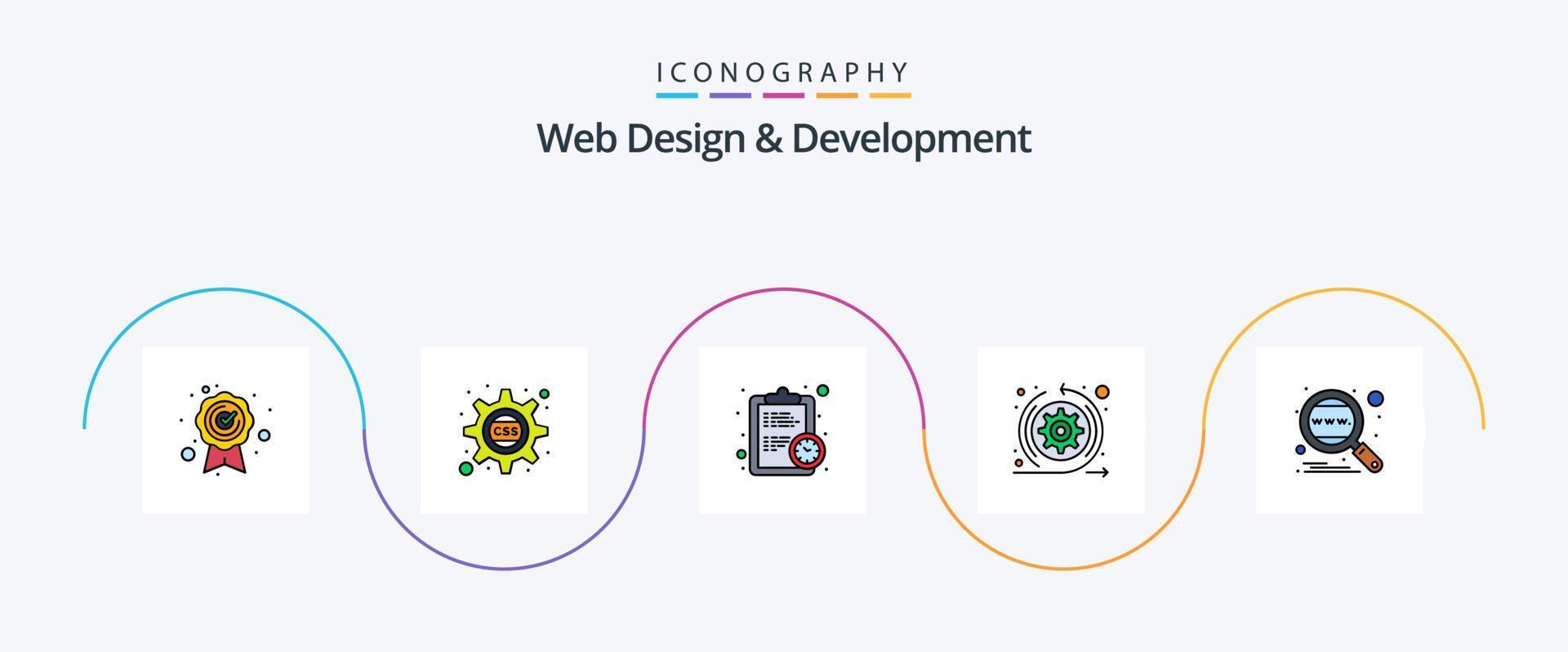 linha de design e desenvolvimento de web cheia de 5 ícones planos, incluindo global. análise. prazo final. corrida. Setas; flechas vetor