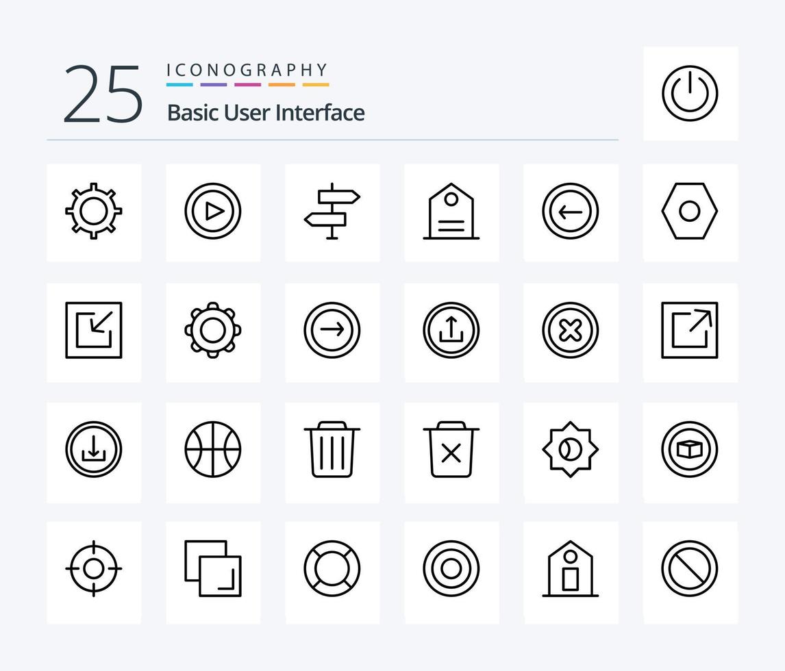 pacote básico de ícones de 25 linhas, incluindo costas. tagline. seta. marcação. sinais vetor