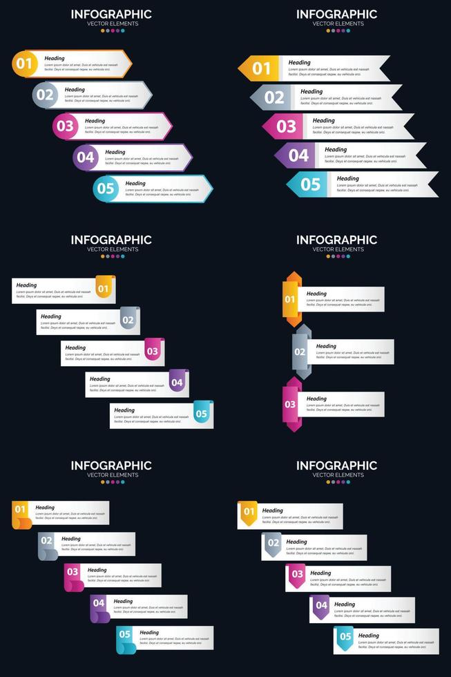 modelo de slide de apresentação de pacote de infográficos vetor 6 diagramas de ciclo de 5 etapas e linhas do tempo