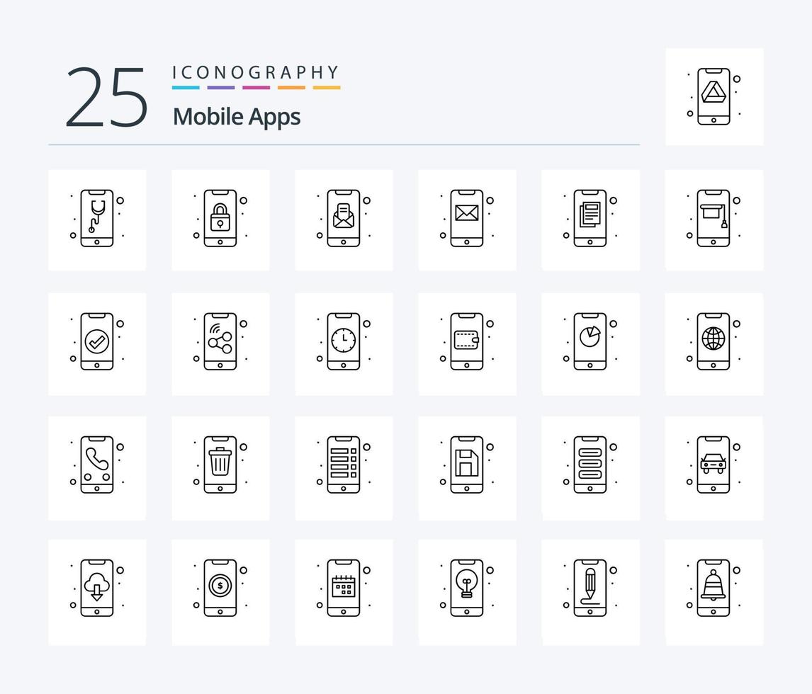 pacote de ícones de 25 linhas de aplicativos móveis, incluindo e-mail. mensagem. móvel. aplicativo. móvel vetor