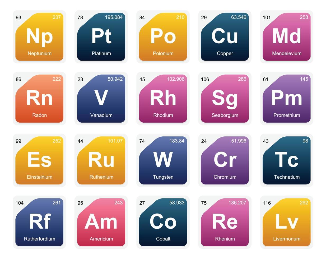 20 tabela periódica do design do pacote de ícones de elementos vetor