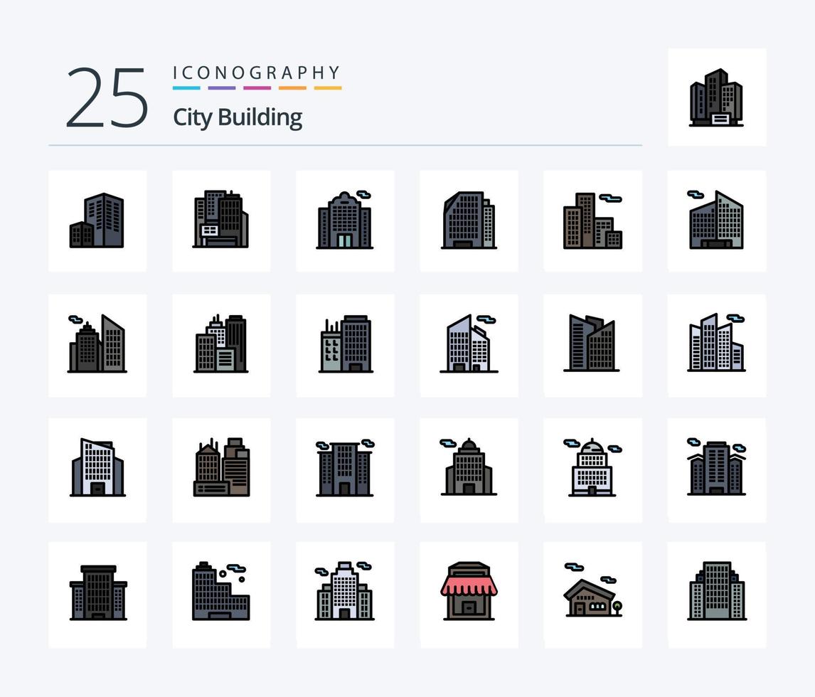 pacote de ícones cheios de 25 linhas de construção de cidade, incluindo escritório. arranha-céu. escritório. escritório. real vetor