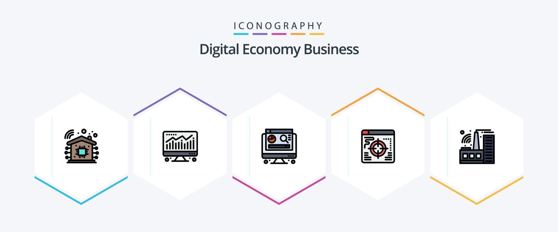 pacote de ícones de 25 linhas preenchidas de negócios de economia digital, incluindo . . gráfico. indústria. prédio vetor