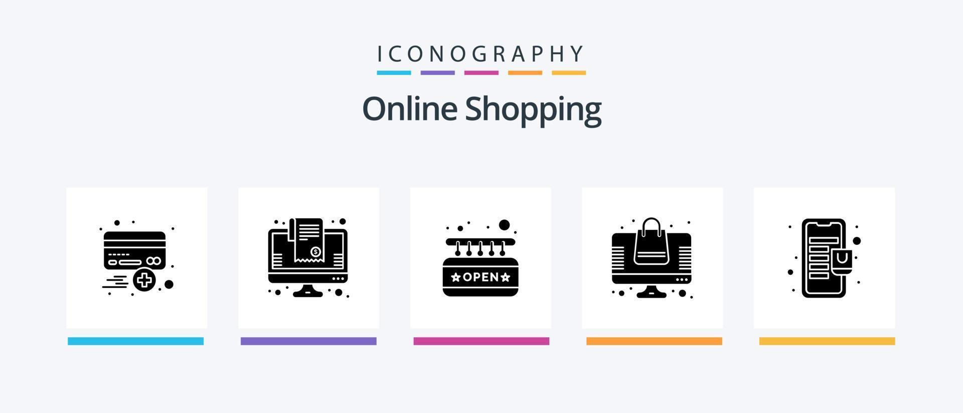 pacote de ícones de glifo 5 de compras on-line, incluindo loja on-line. on-line. compras online. bolsa. comprar. design de ícones criativos vetor