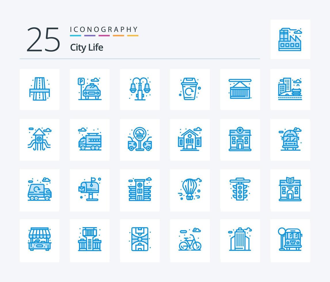 pacote de ícones de 25 cores azuis da vida na cidade, incluindo carga. estive. cidade. lixo. cidade vetor