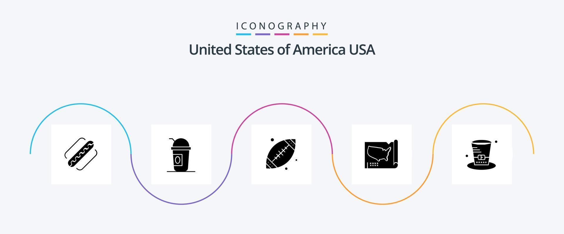 Pacote de ícones EUA Glyph 5, incluindo chapéu. EUA. bola. unido. mapa vetor