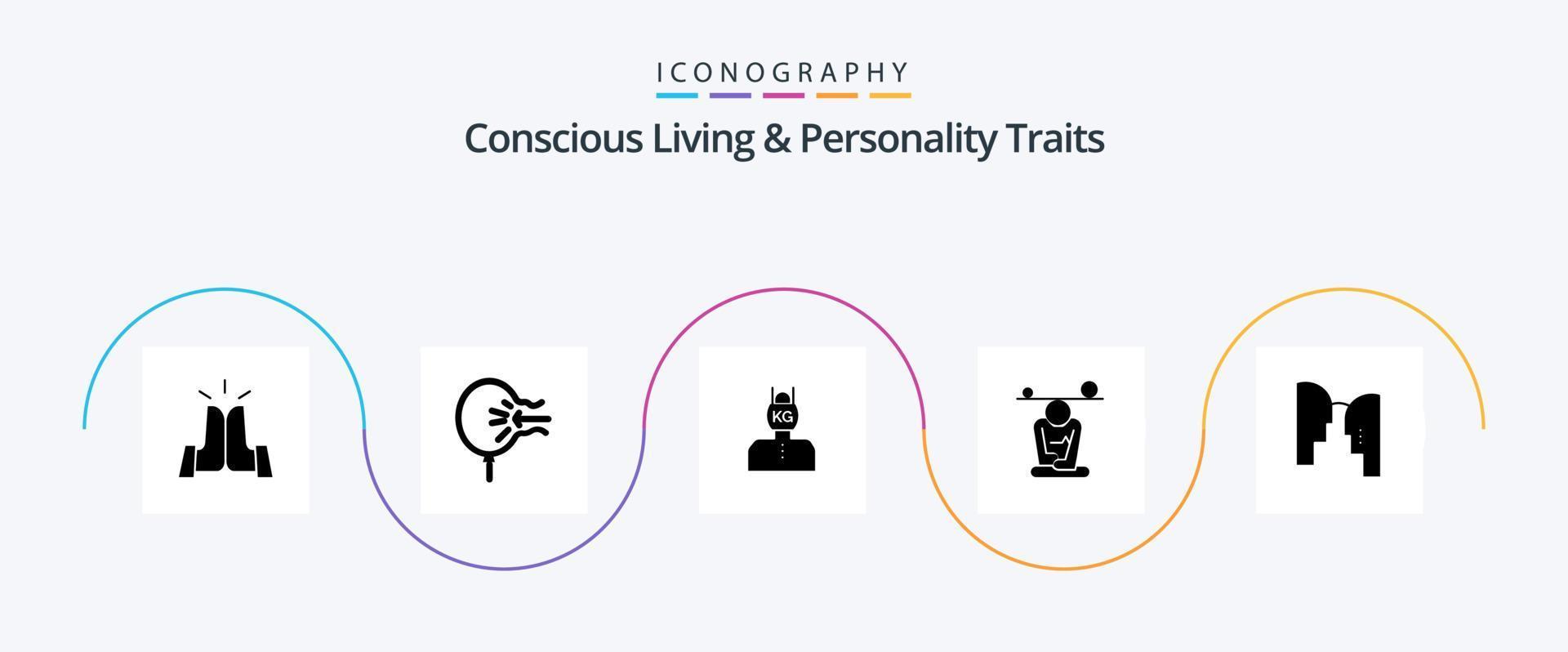 vida consciente e traços de personalidade glyph 5 icon pack incluindo mente. concentração. estresse. equilíbrio. estresse vetor