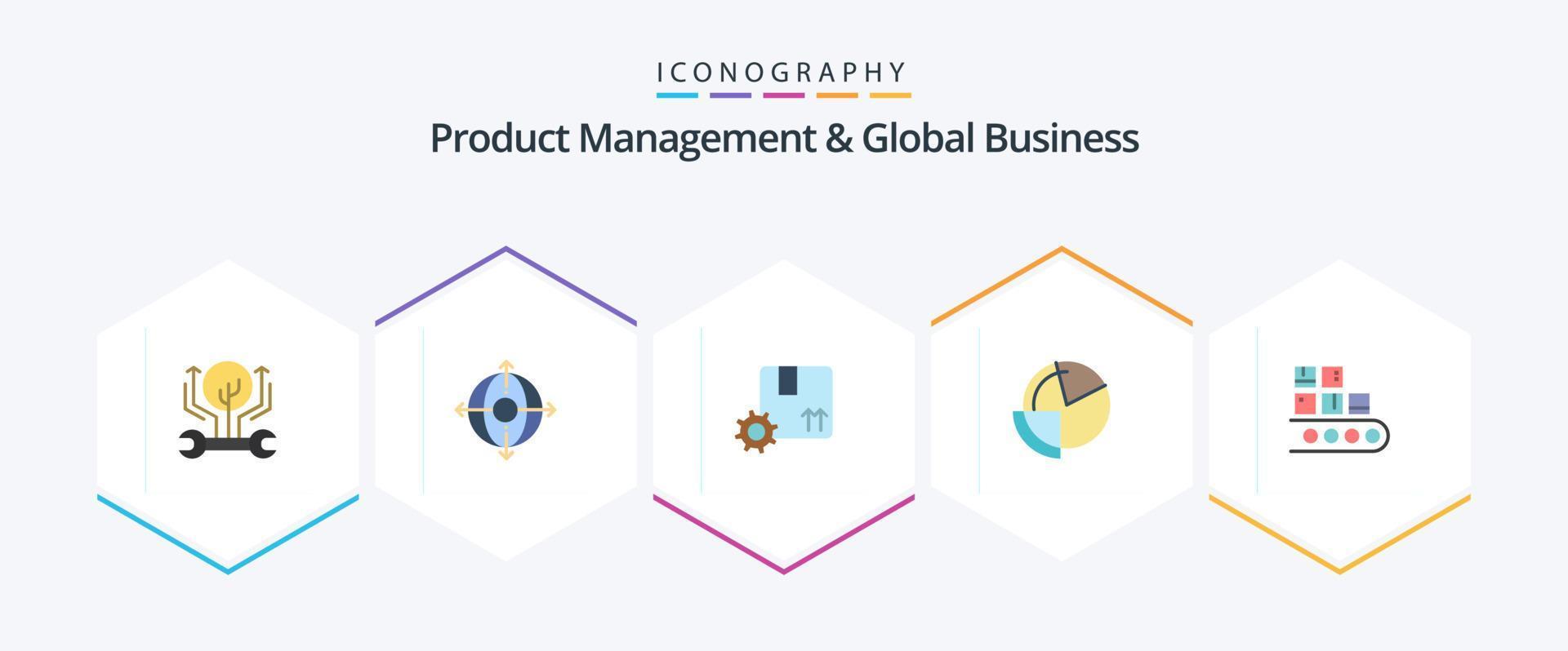 gerenciamento de produtos e pacote de ícones planos de 25 negócios globais, incluindo diagrama. gráfico. produtos. análise. qualidade premium vetor