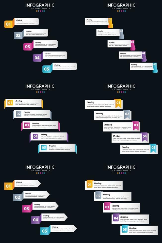 modelo de slide de apresentação de pacote de infográficos vetor 6 diagramas de ciclo de 5 etapas e linhas do tempo