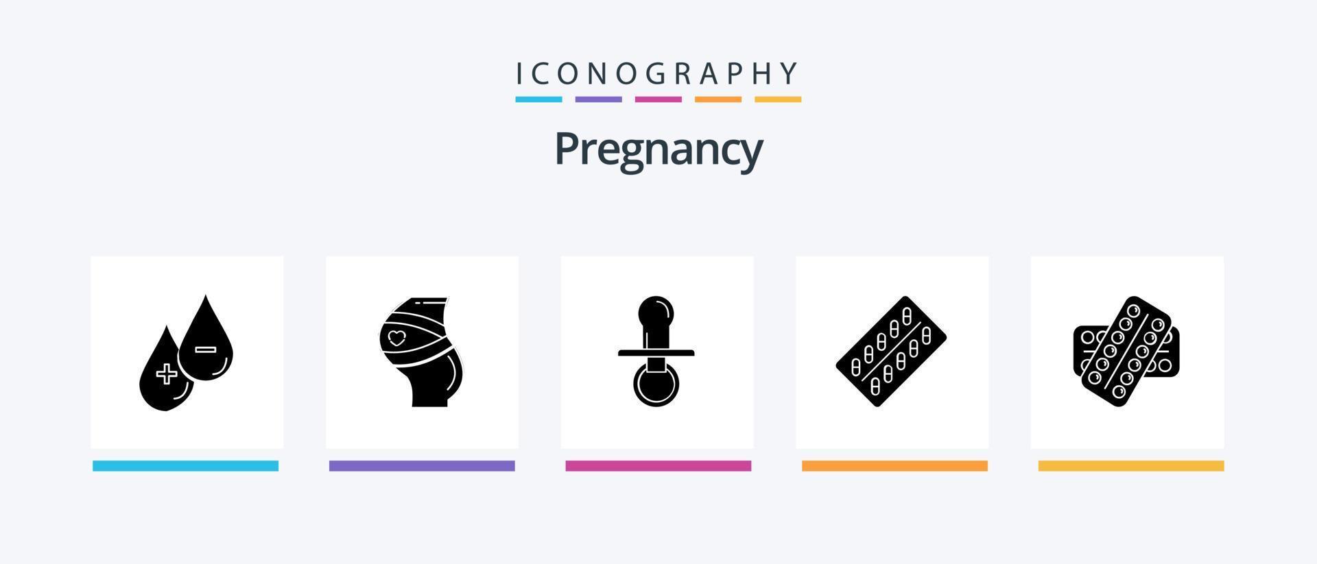 pacote de ícones de glyph 5 de gravidez, incluindo pílula. crianças. grávida. chupeta. bebê. design de ícones criativos vetor