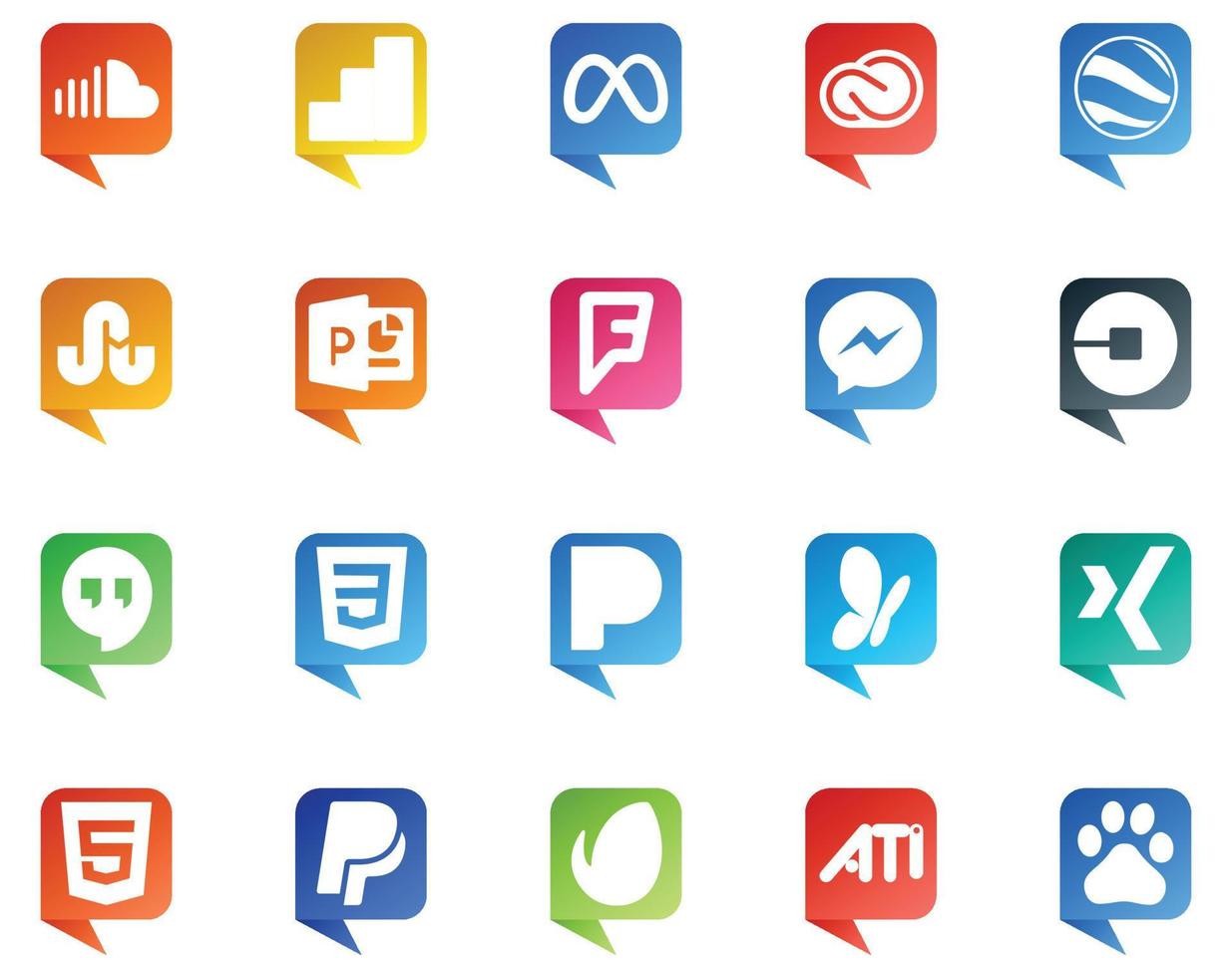 20 logotipo de estilo de bolha de fala de mídia social como hangouts carro adobe uber foursquare vetor