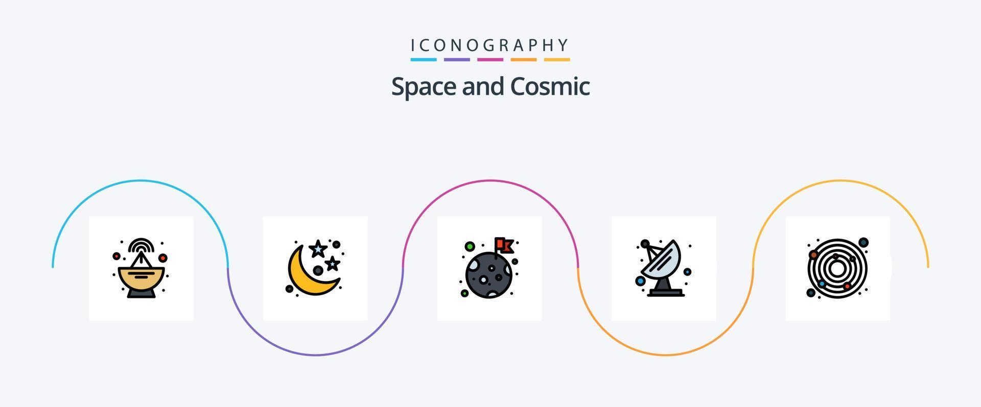 linha espacial preenchida com 5 ícones planos, incluindo . terra. lua. astronomia. comunicação vetor