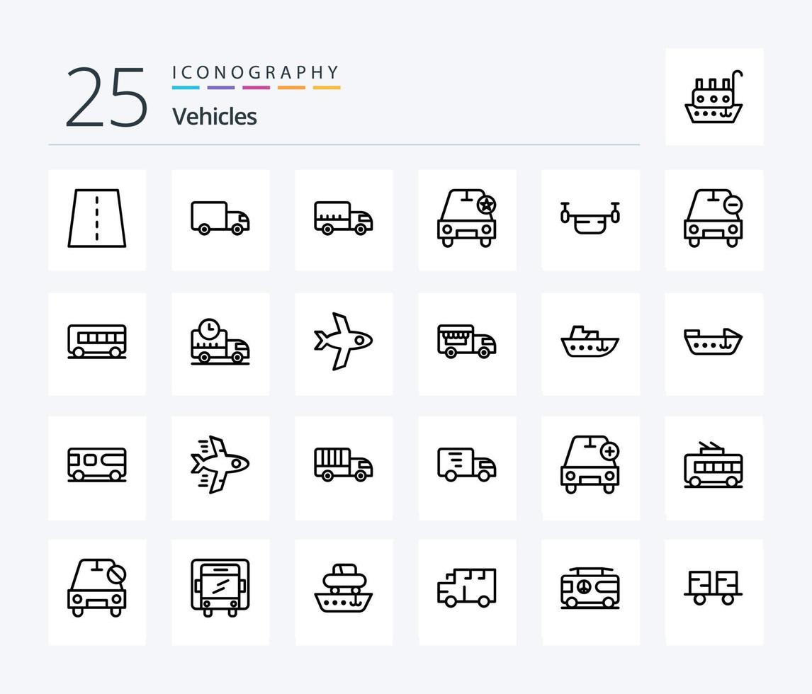 Pacote de ícones de 25 linhas de veículos, incluindo veículos. contorno. caminhão. drone. veículos vetor