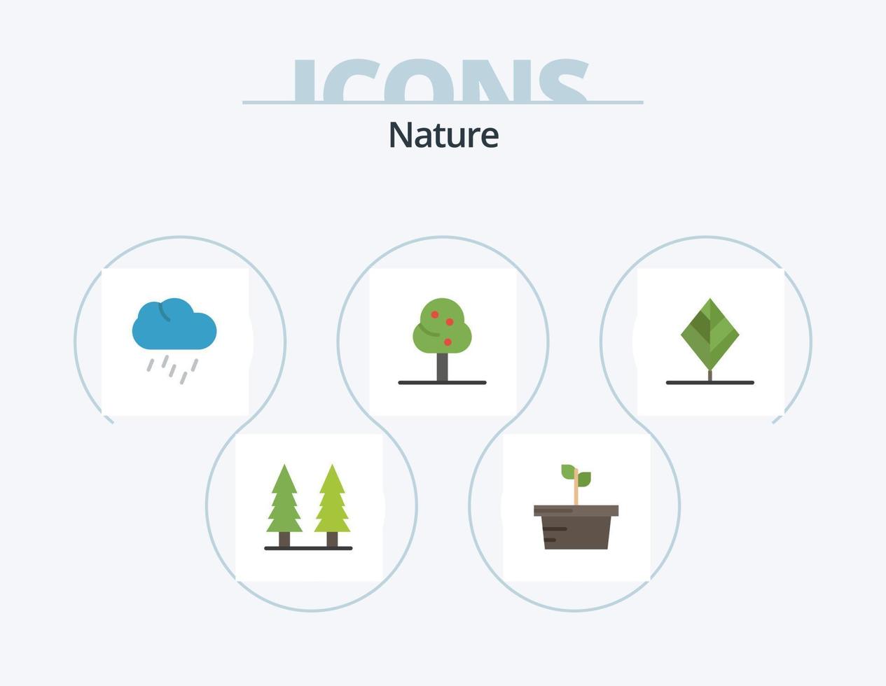 natureza plano ícone pack 5 design de ícone. árvore. folha. chuva. pena. verão vetor
