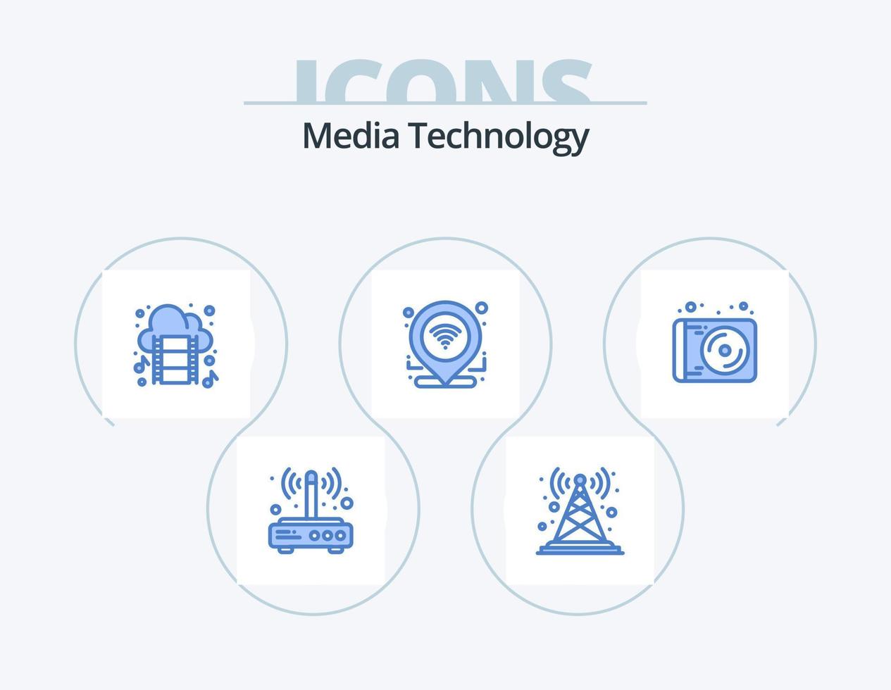design de ícones do pacote de ícones azuis de tecnologia de mídia 5. conexão. GPS. torre. check-in. filme vetor