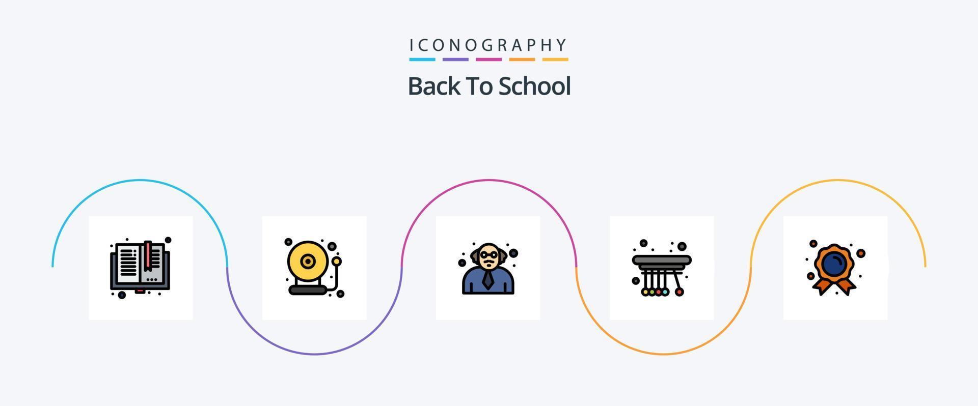 linha de volta à escola preenchida com 5 ícones planos, incluindo distintivo. escola. de volta à escola. física. movimento vetor