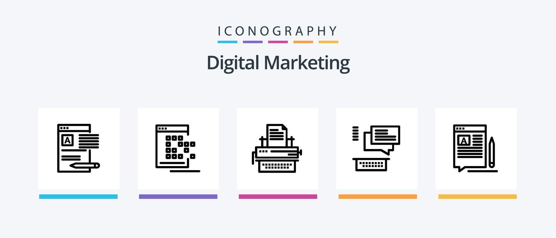 pacote de ícones da linha 5 de marketing digital, incluindo blog. vídeo. documento. rede. artigo. design de ícones criativos vetor