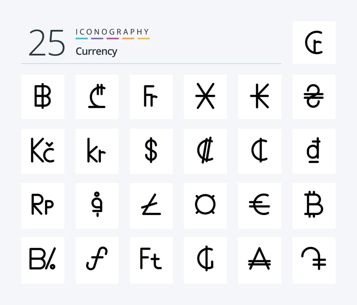 pacote de ícones preenchidos com 25 linhas de moeda, incluindo kip. dinheiro. franco. moeda. denário vetor