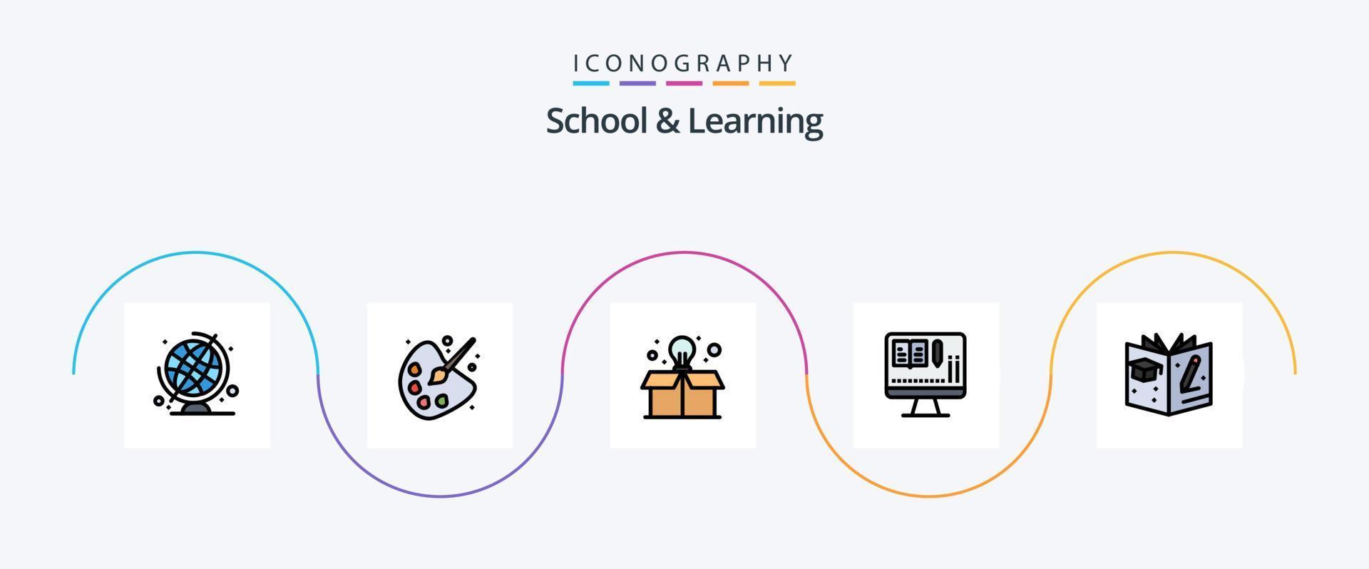 escola e linha de aprendizagem preenchida com 5 ícones planos, incluindo . livro. lâmpada. diplomado. Educação vetor