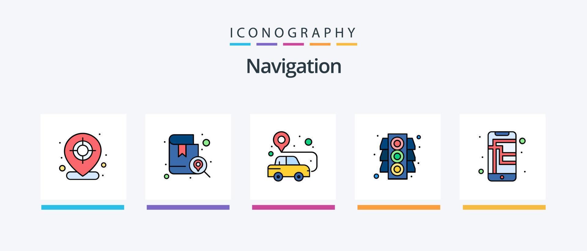 a linha de navegação preencheu o pacote de 5 ícones, incluindo o local. localização. navegação. regra. sinal. design de ícones criativos vetor