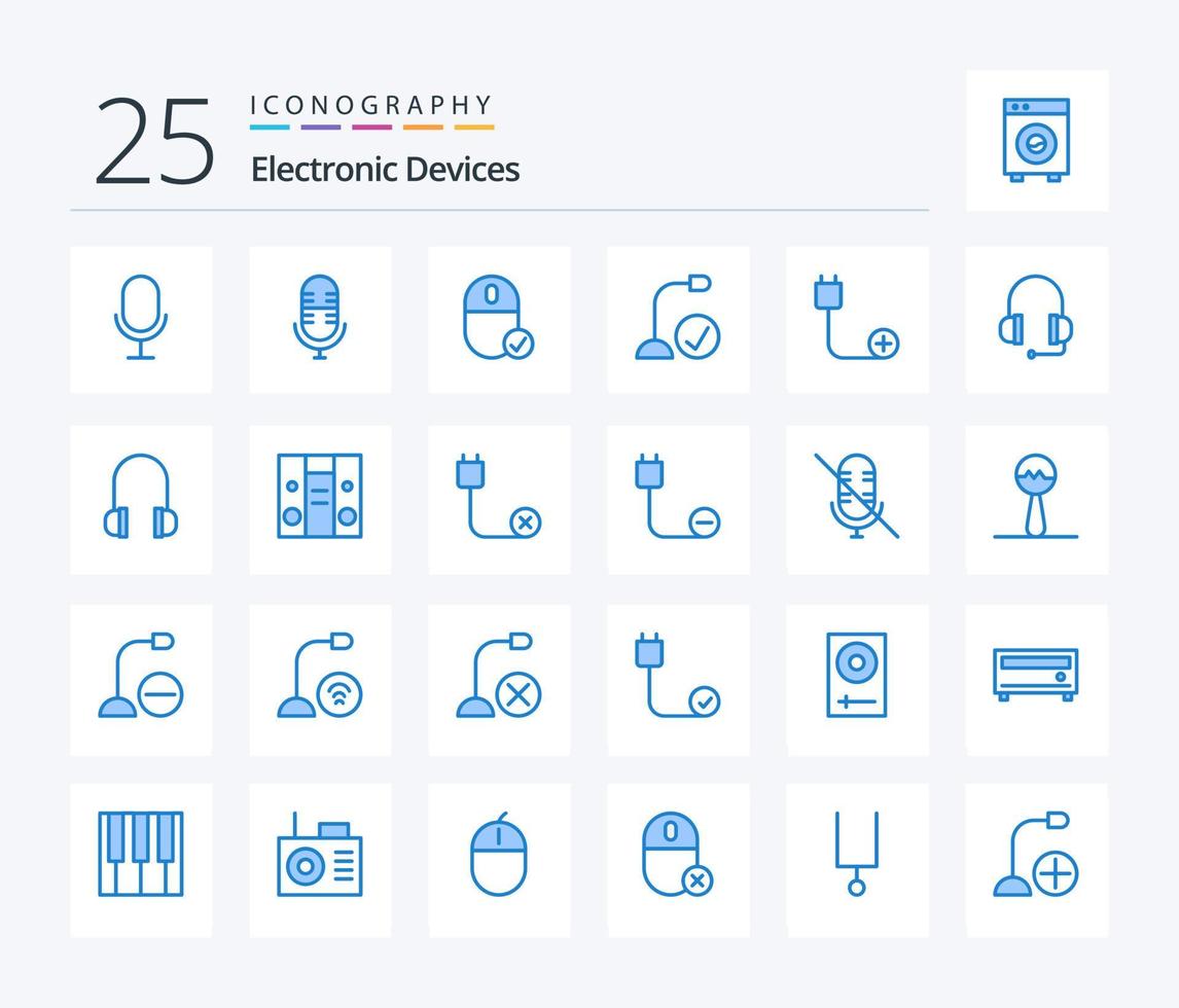 dispositivos 25 pacote de ícones de cor azul, incluindo fone de ouvido. hardware. dispositivos. dispositivos. computadores vetor