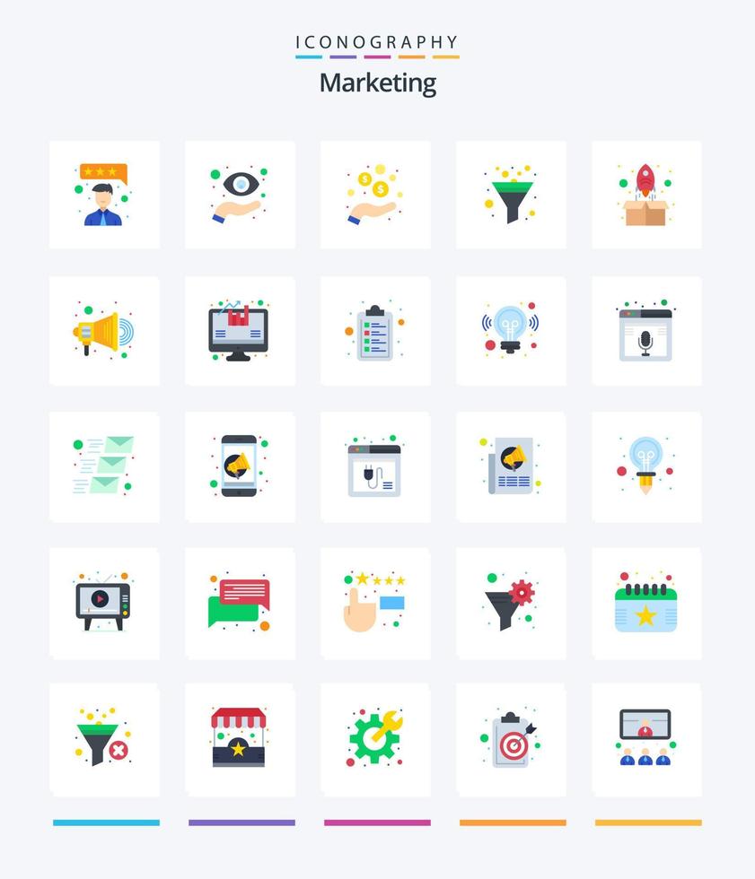 pacote de ícones planos de marketing criativo 25, como up. foguete. mão. organizar. filtro vetor