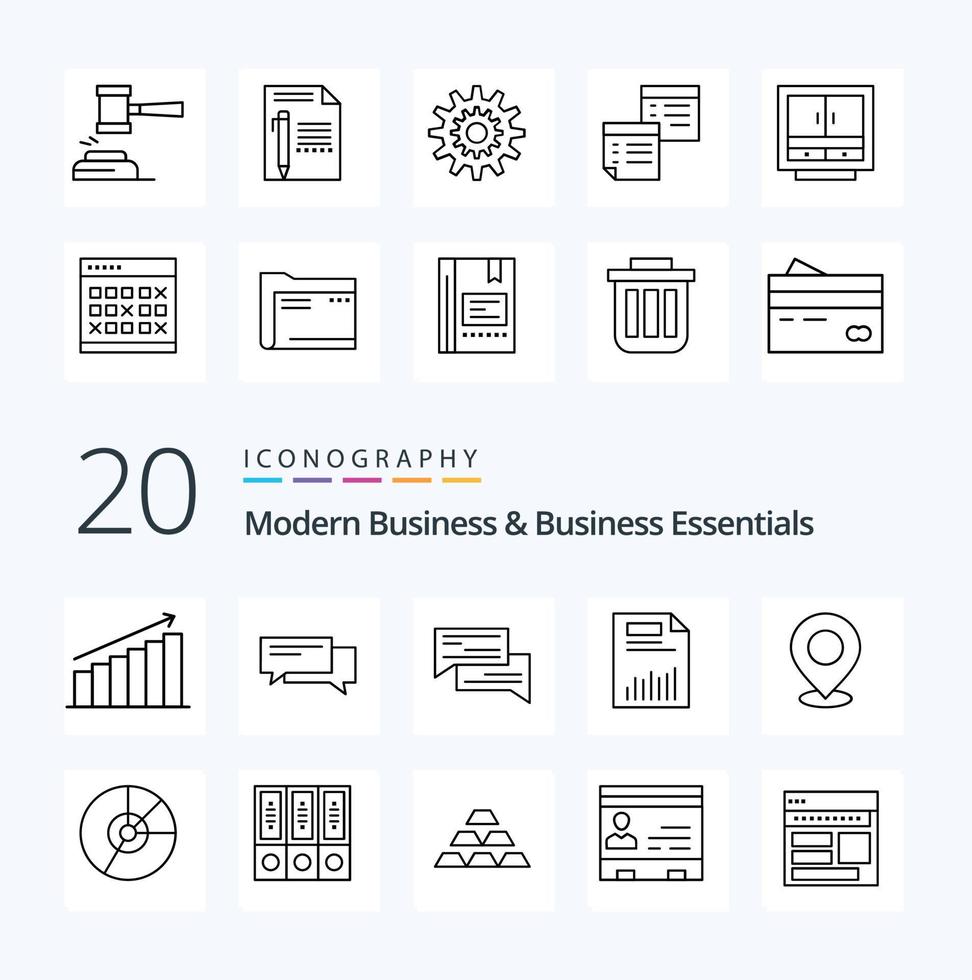 20 pacotes de ícones de linha essenciais para negócios e negócios modernos, como documento de bolha de negócios financeiros social vetor