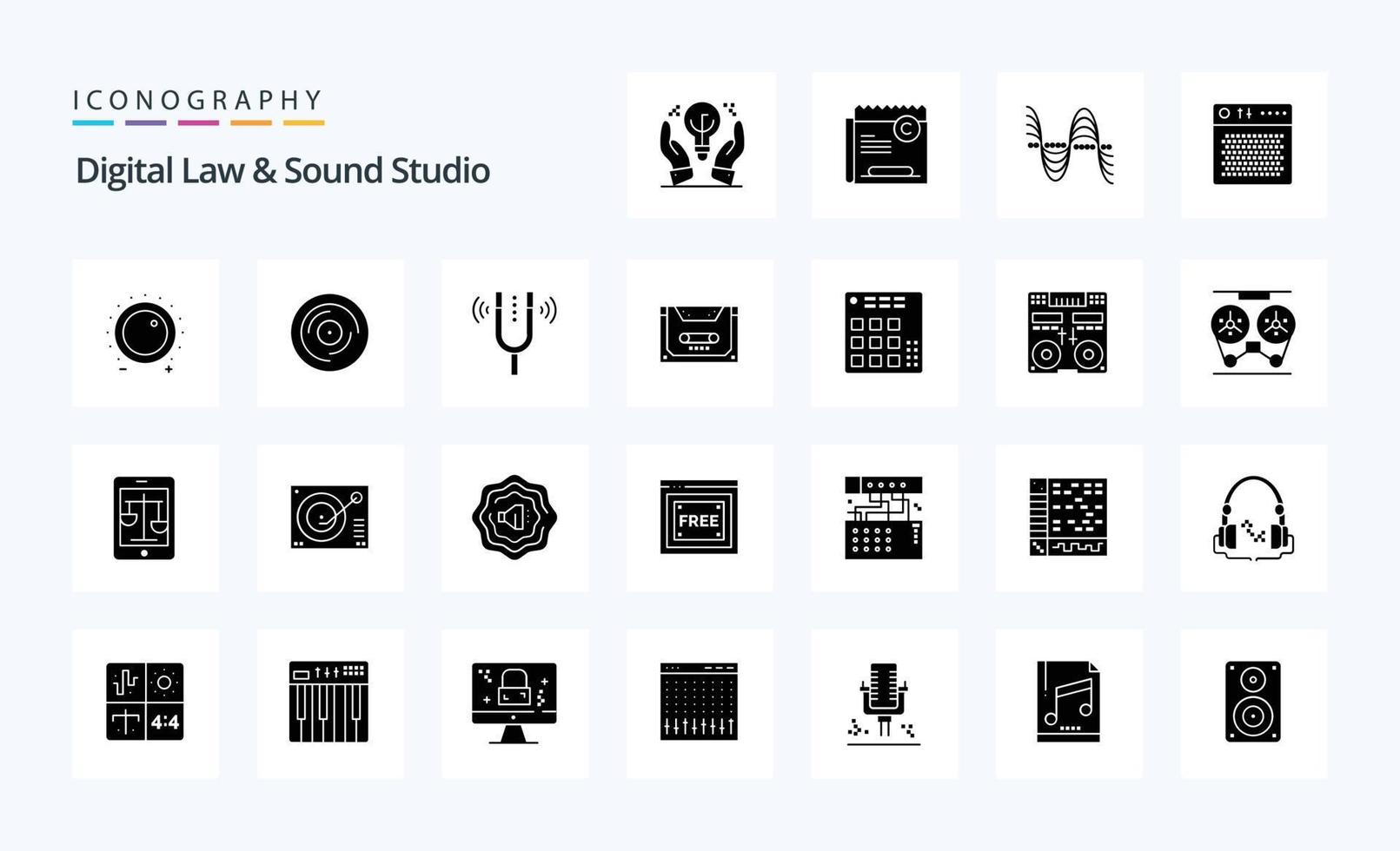 25 direito digital e pacote de ícones de glifo sólido de estúdio de som vetor