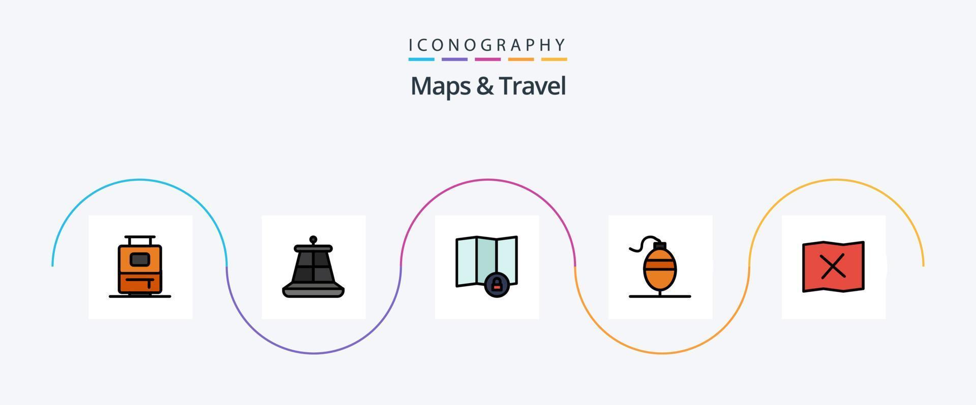 mapas e linha de viagem preenchida com 5 ícones planos, incluindo . mapa. lugar. localização vetor