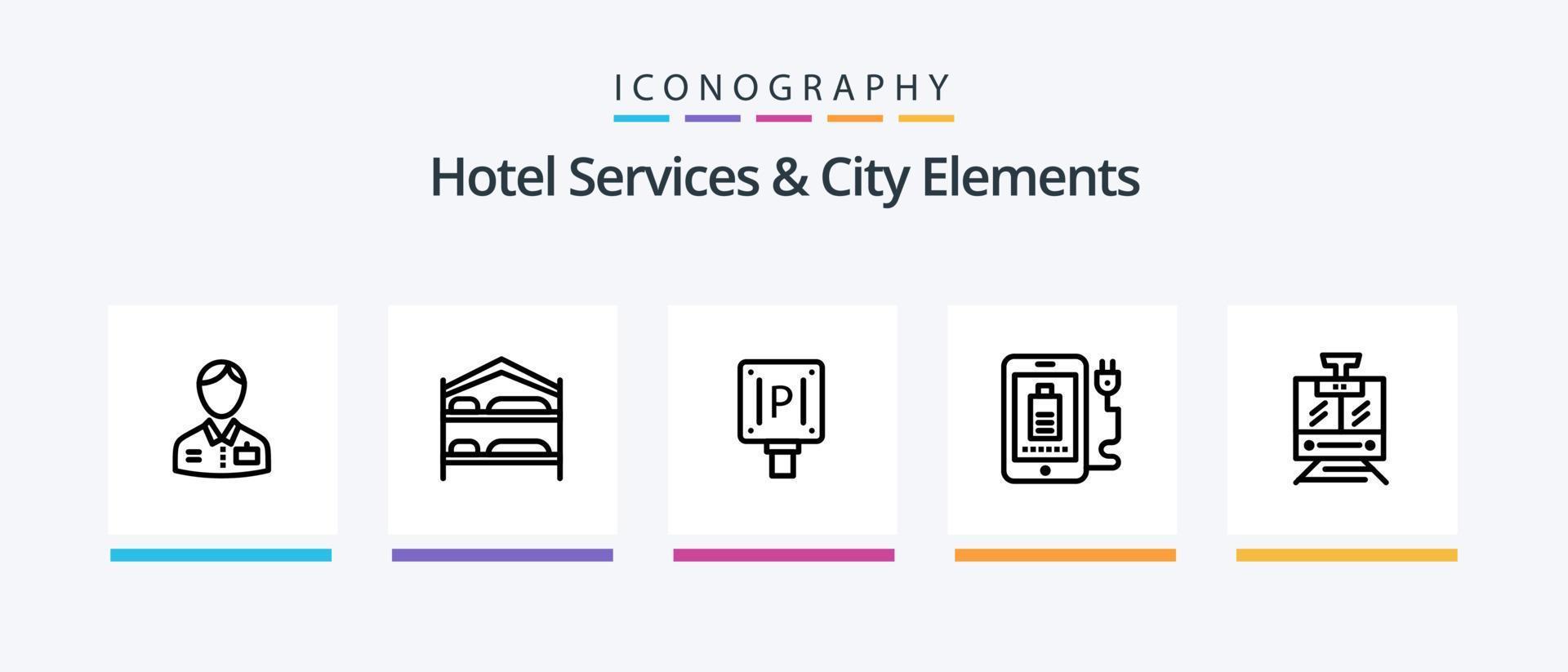 serviços de hotelaria e pacote de ícones da linha 5 de elementos da cidade, incluindo prato. hotel. navegador. sinal . estacionamento. design de ícones criativos vetor