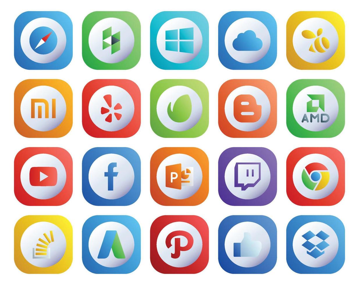 20 pacotes de ícones de mídia social, incluindo vídeo powerpoint stockoverflow twitch envato vetor