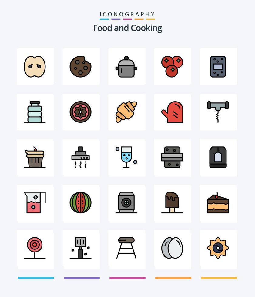 pacote de ícones cheios de 25 linhas de comida criativa, como comida. oxicoco. bebida. utensílios de cozinha. comida vetor