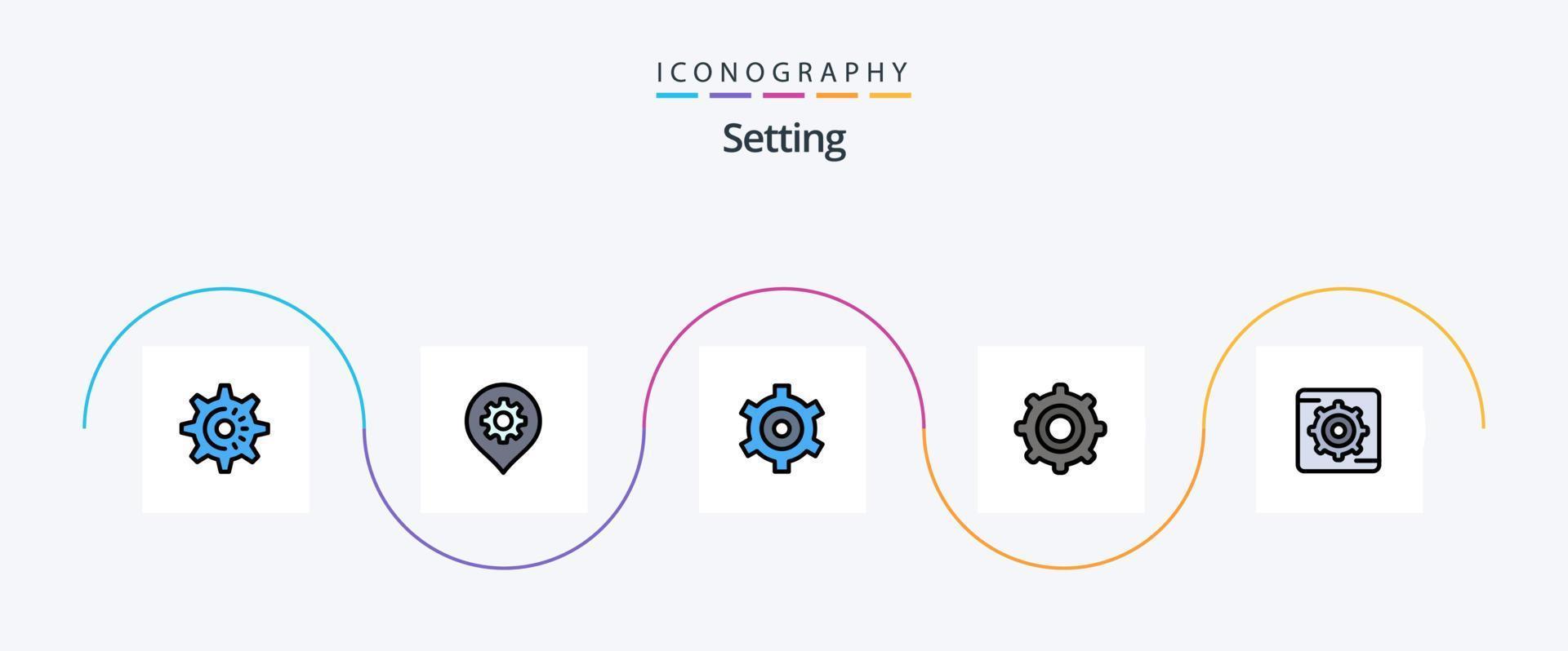 linha de configuração preenchida com 5 ícones planos, incluindo . engrenagem. contexto vetor