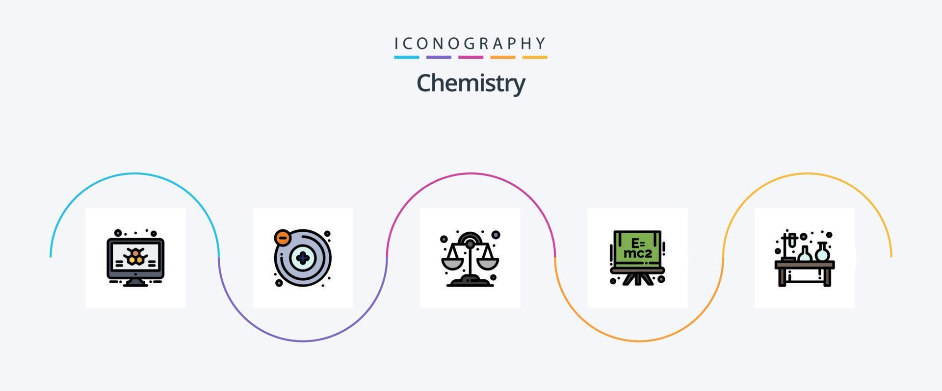 linha de química cheia de pacote de ícones plana 5 incluindo lâmpada. frasco. Libra. experimentar. Ciência vetor