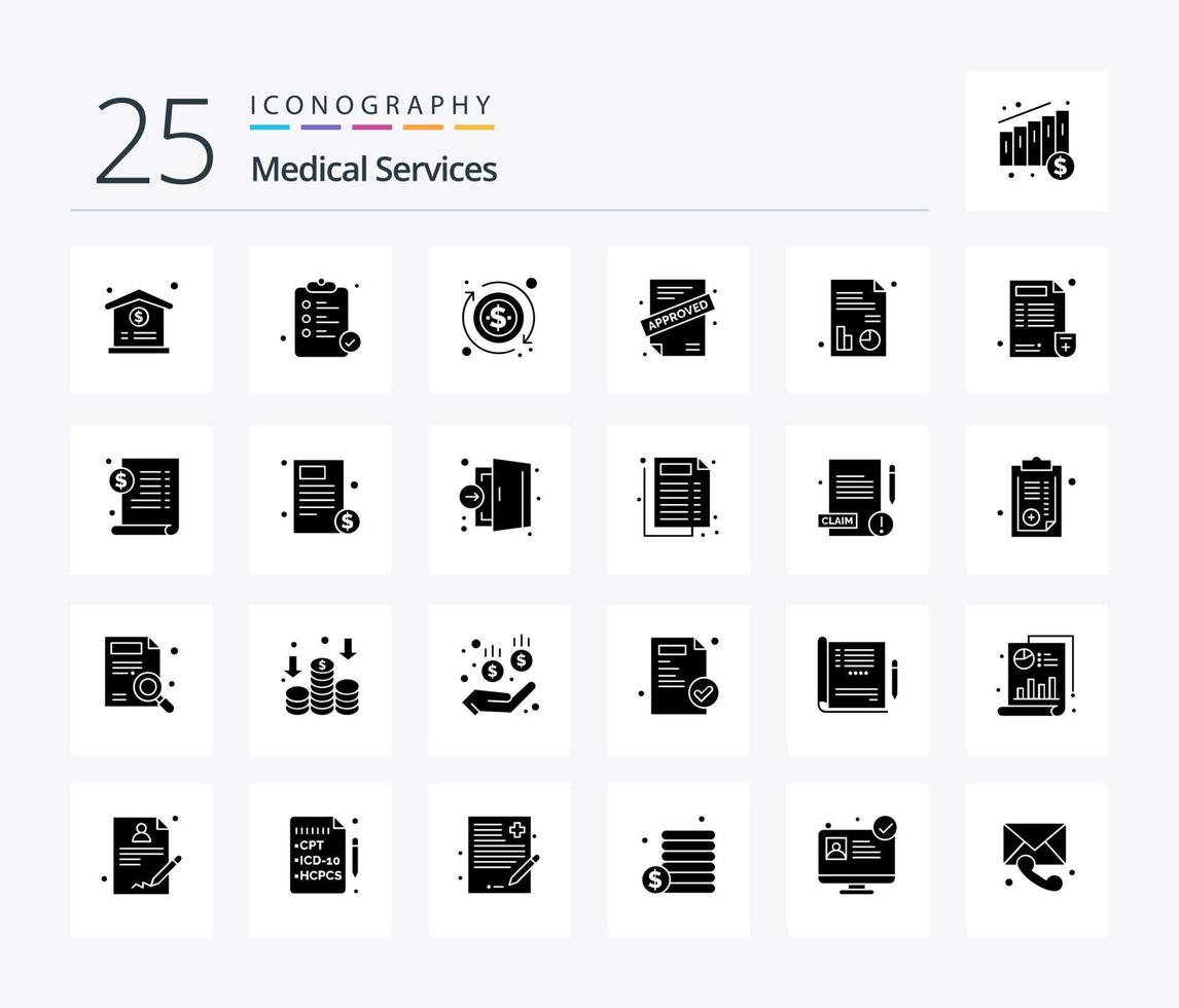 serviços médicos 25 pacote de ícones de glifos sólidos, incluindo hospital. gráfico. dinheiro. relatório. contrato vetor