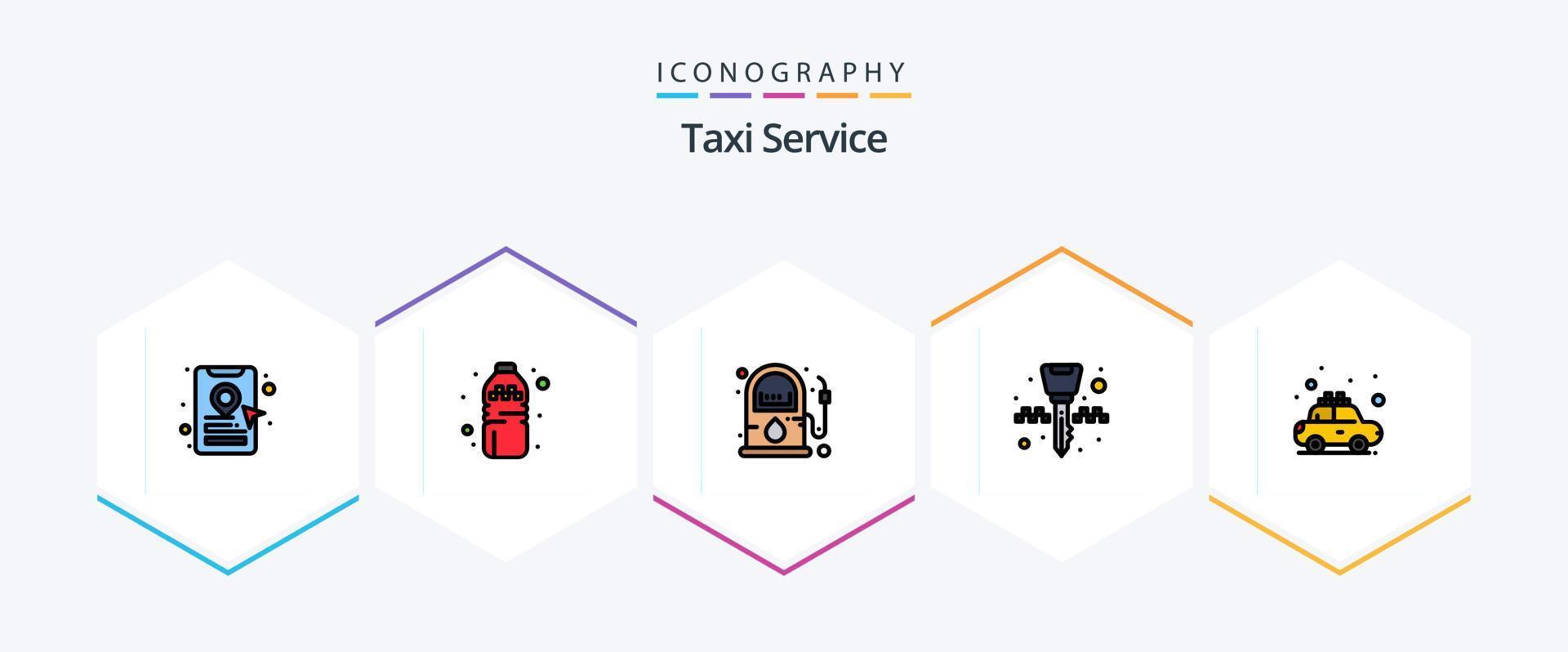 serviço de táxi 25 pacote de ícones de linha preenchida, incluindo aluguel. Táxi. Gasolina. carro. chaveiro vetor