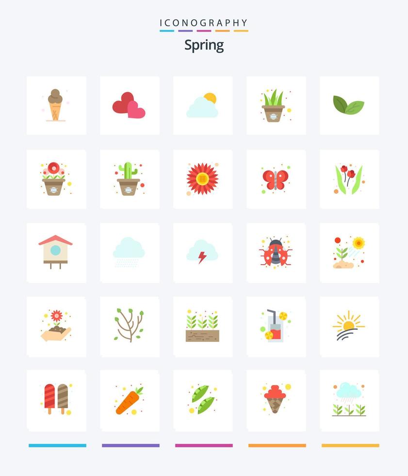 pacote criativo de ícones planos da primavera 25, como folha. Panela. céu. grama. flores vetor
