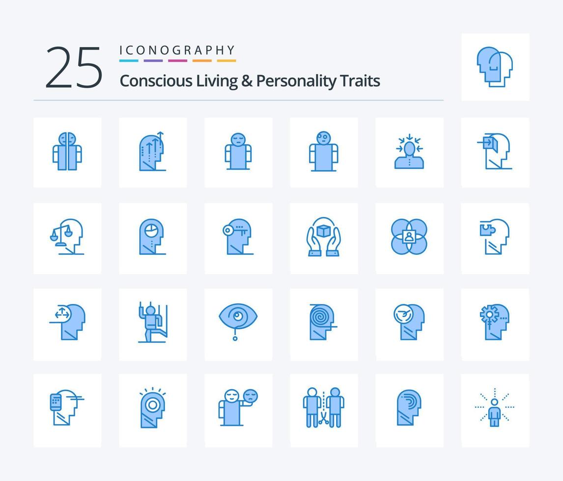 vida consciente e traços de personalidade Pacote de ícones de 25 cores azuis, incluindo pessoa. crítica. mente. escolhendo. pessoa vetor