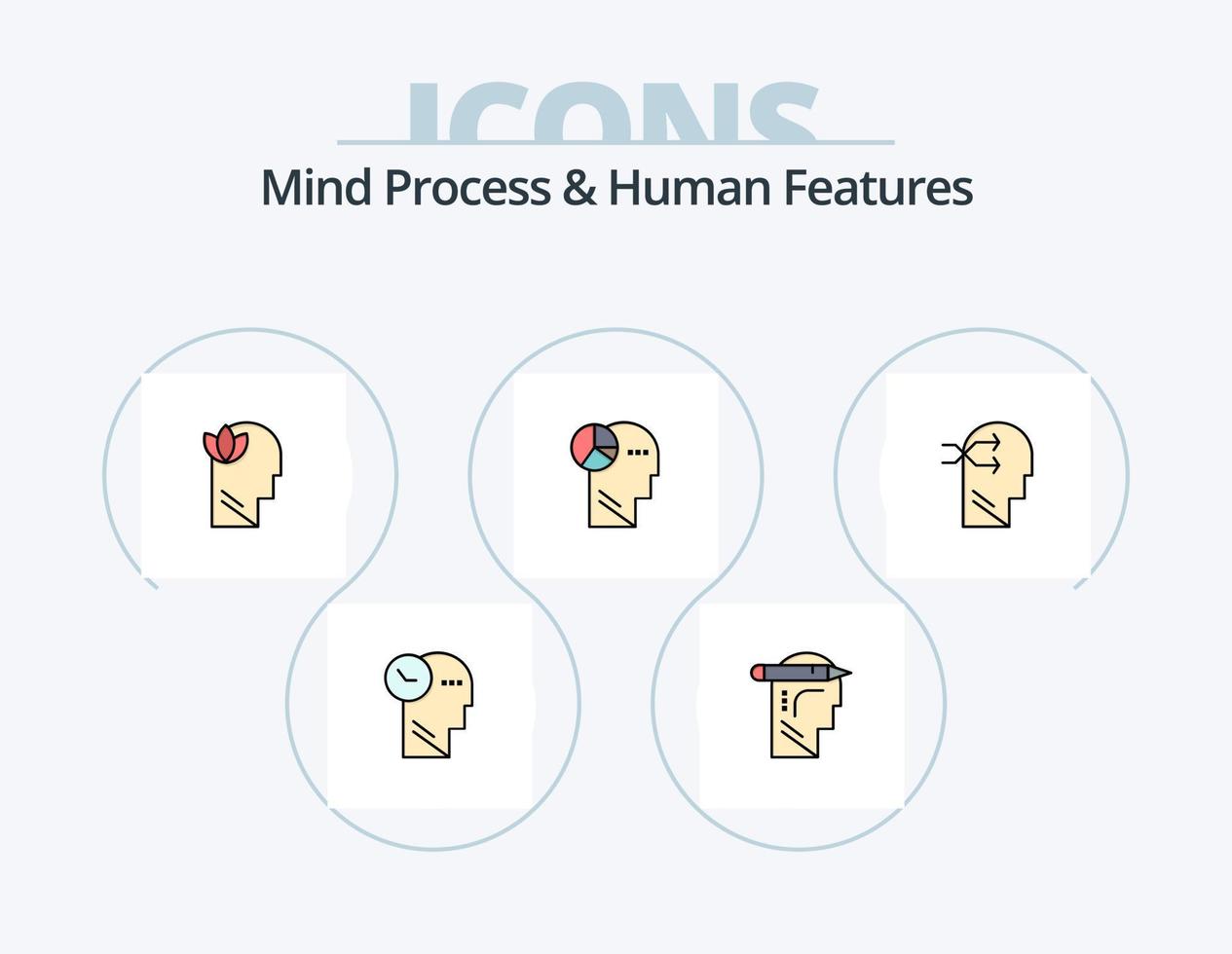 processo mental e linha de recursos humanos cheia de ícones pack 5 design de ícones. pensamento. cabeça. teoria. mente. humano vetor