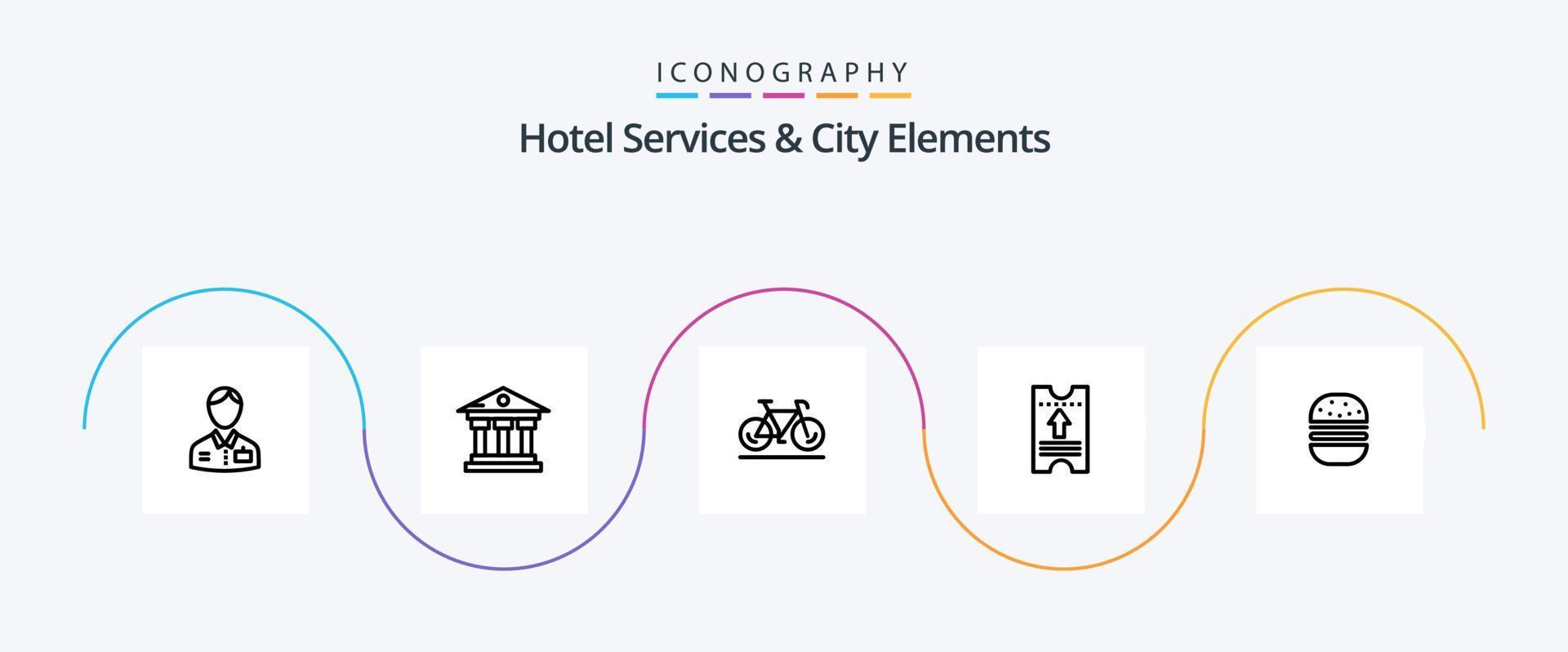 serviços de hotelaria e pacote de ícones da linha 5 dos elementos da cidade, incluindo hambúrguer. hotel . serviço. passar. esporte vetor