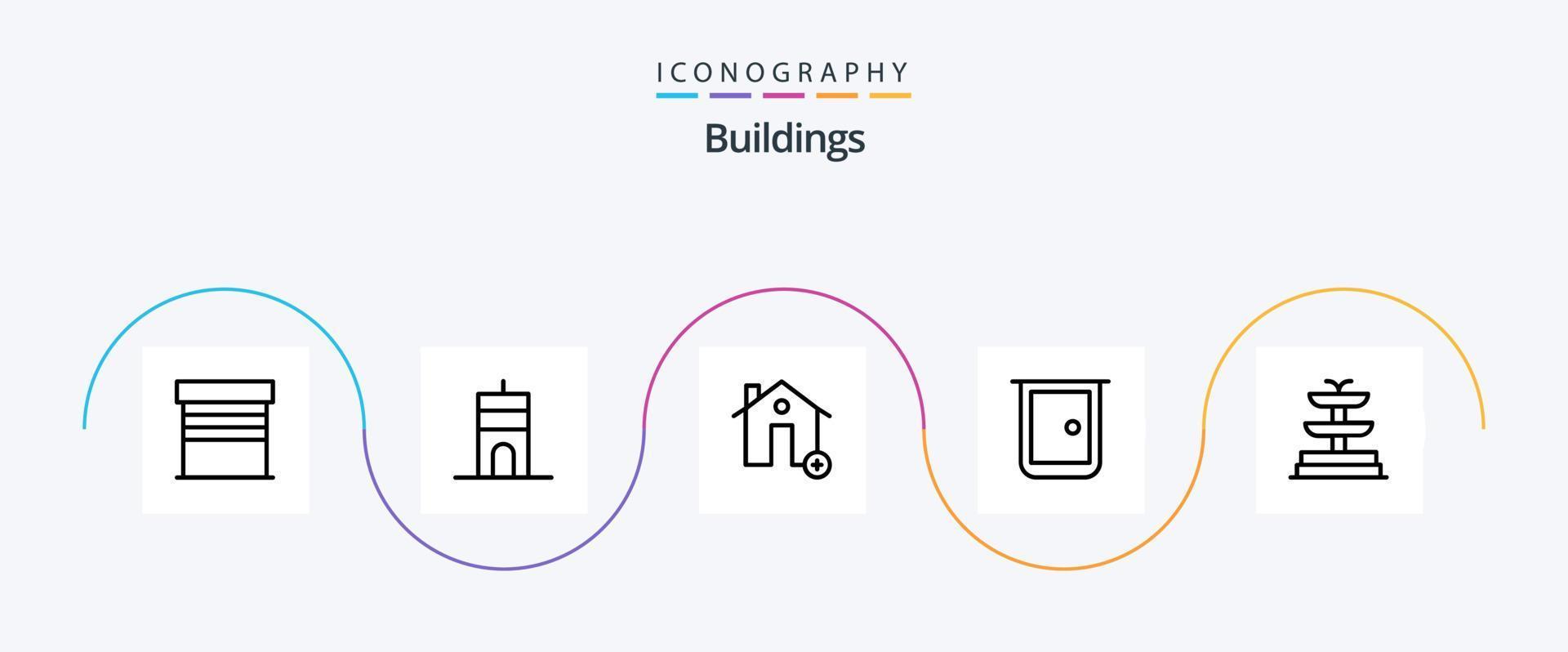 Pacote de ícones da linha 5 de edifícios, incluindo portão de casa. portão. adicionar. porta. novo vetor