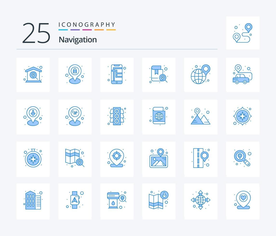 navegação 25 pacote de ícones de cor azul, incluindo mapa. jornada. trancar. livro. telefone vetor