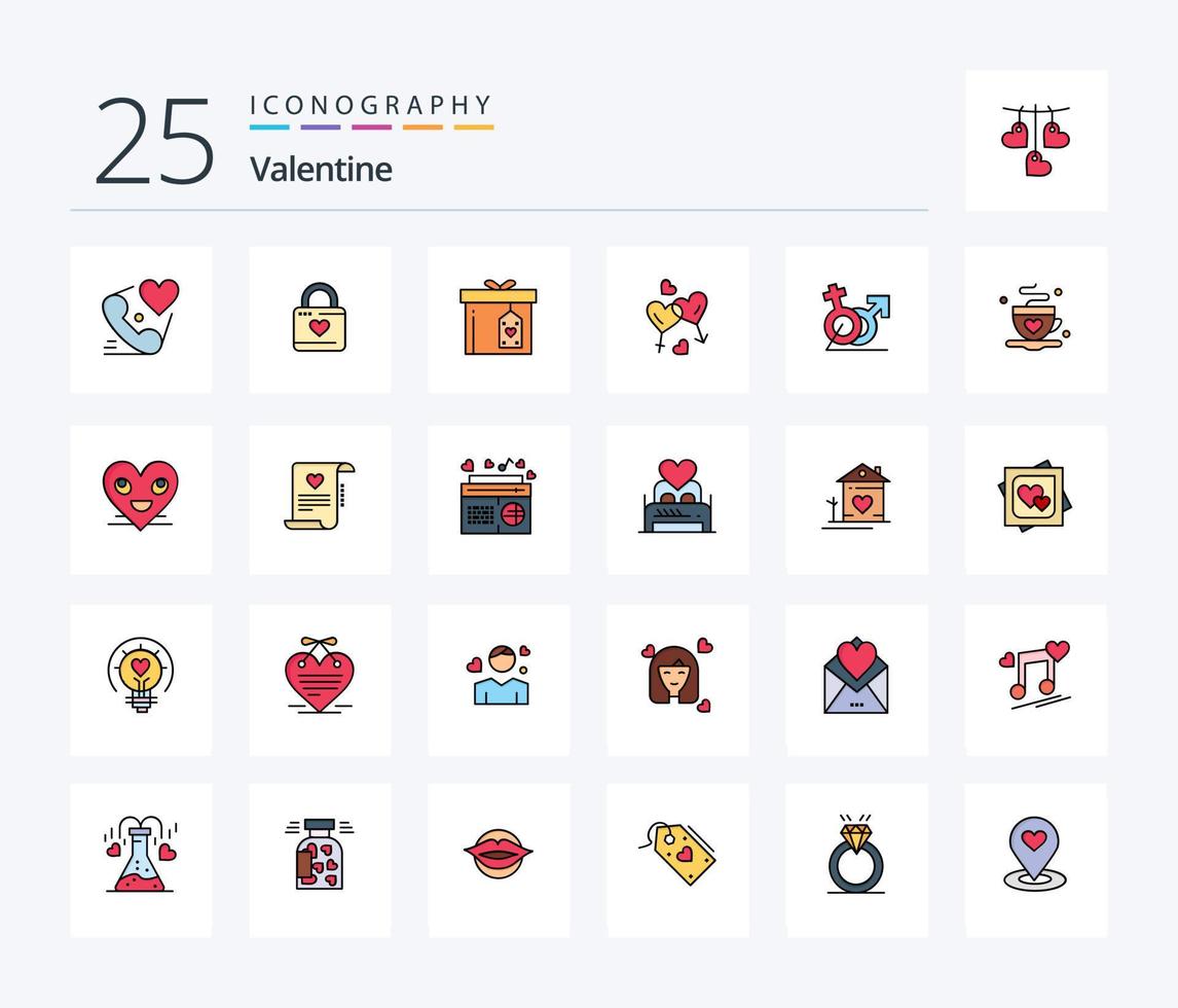 pacote de ícones cheios de 25 linhas dos namorados, incluindo amor. homem. hacker de coração. coração. surpreender vetor