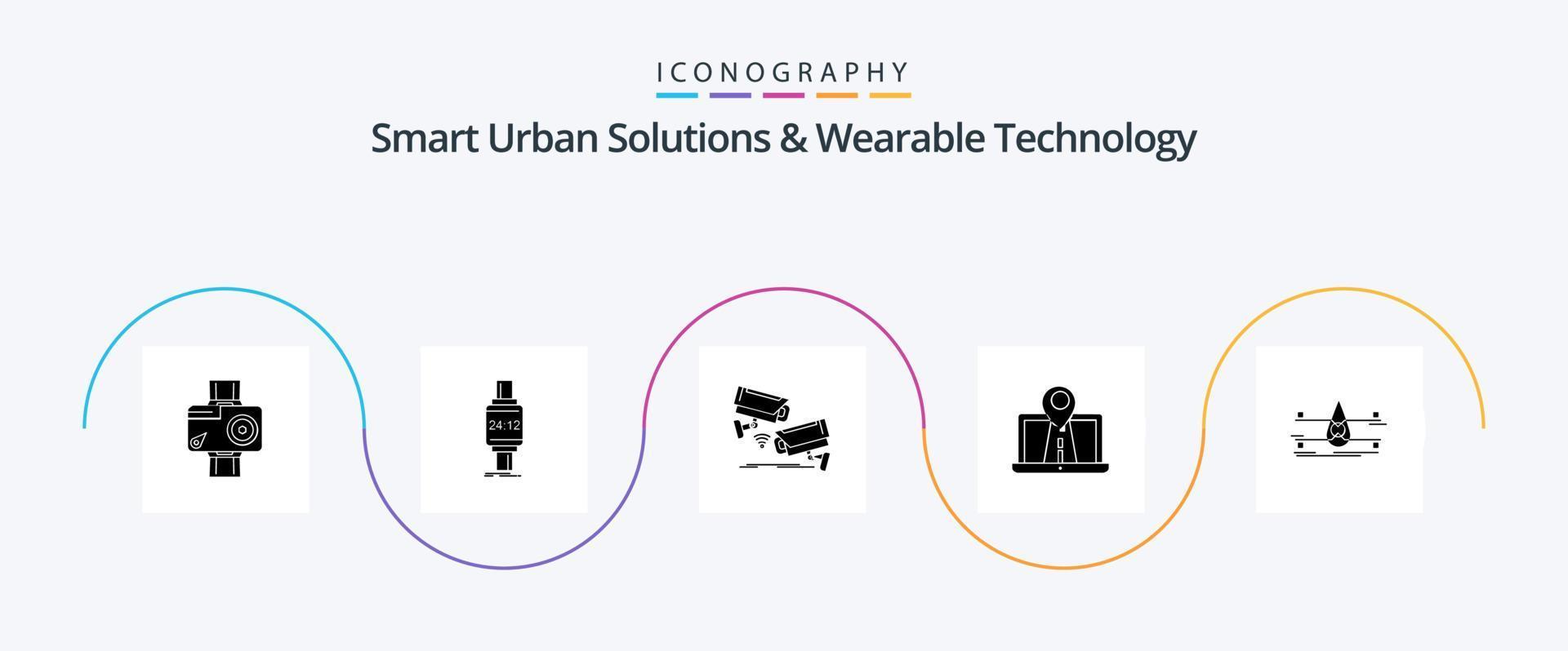 soluções urbanas inteligentes e pacote de ícones de glyph 5 de tecnologia vestível, incluindo mapa. tecnologia. maçã. vigilância. Câmera vetor