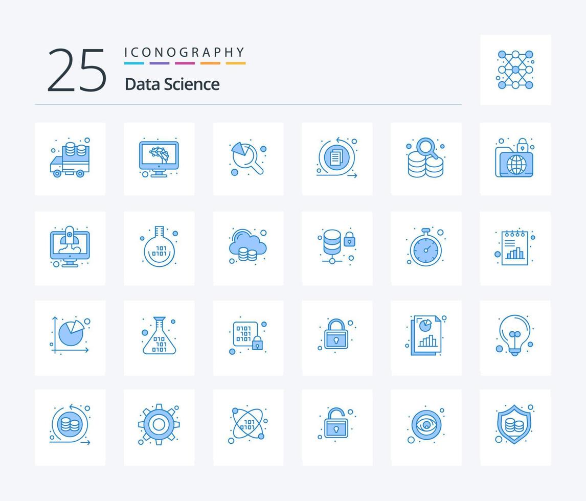 ciência de dados 25 pacote de ícones de cor azul, incluindo dados. recuperação. procurar. dirigir. processo de dados vetor