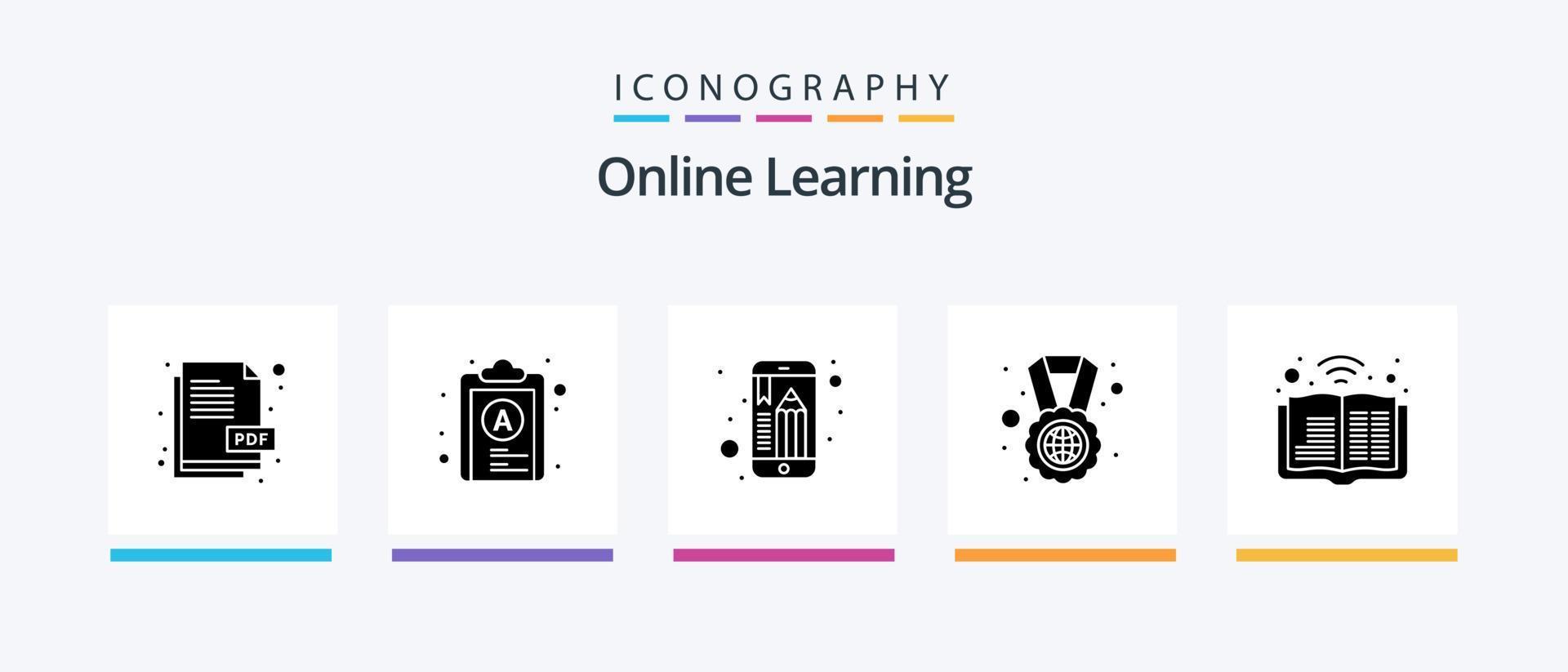 pacote de ícones de glifo 5 de aprendizado on-line, incluindo podcast. livro. educação móvel. medalha. estudar no exterior. design de ícones criativos vetor