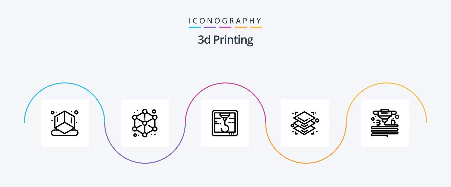 Pacote de ícones da linha 5 de impressão 3D, incluindo material. 3d. d. impressão. altura vetor